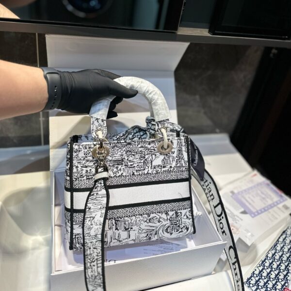 DIOR MEDIUM LADY D LITE BAG PARIS ALLOVER EMBROIDERY WHITE AND BLACK 24CM M0565OEGI M933 - Image 4