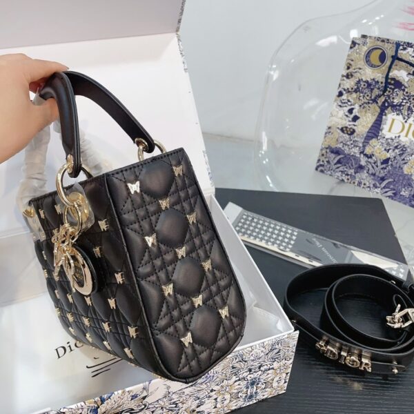 DIOR SMALL LADY DIOR BAG CANNAGE WITH GOLD FINISH BUTTERFLY STUDS BLACK 20CM M0531ONHZ M900 - Image 4