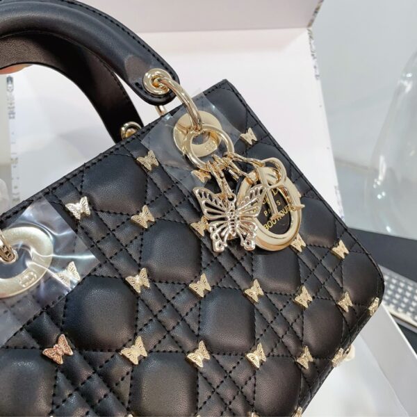 DIOR SMALL LADY DIOR BAG CANNAGE WITH GOLD FINISH BUTTERFLY STUDS BLACK 20CM M0531ONHZ M900 - Image 5