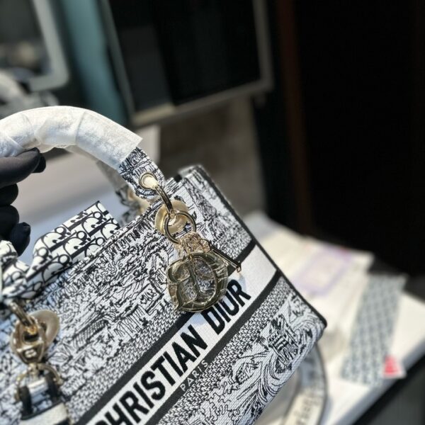 DIOR MEDIUM LADY D LITE BAG PARIS ALLOVER EMBROIDERY WHITE AND BLACK 24CM M0565OEGI M933 - Image 5