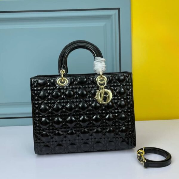 DIOR LADY DIOR PATENT CANNAGE LEATHER BAG BLACK 32CM - Image 2