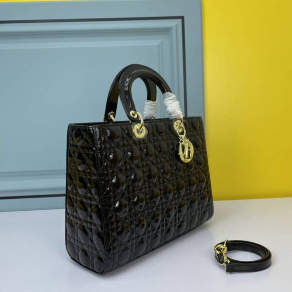 DIOR LADY DIOR PATENT CANNAGE LEATHER BAG BLACK 32CM - Image 3