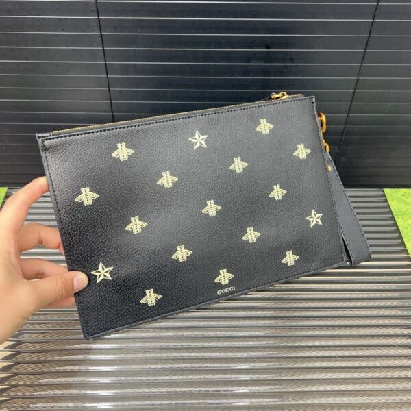 GUCCI BEE STAR LEATHER POUCH CLUTCH BAG BLACK 29CM - Image 7