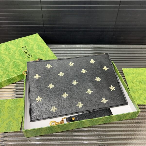 GUCCI BEE STAR LEATHER POUCH CLUTCH BAG BLACK 29CM - Image 2