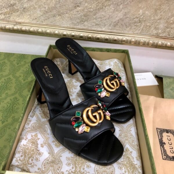 GUCCI WOMEN’S FLOWER DOUBLE G SLIDE SANDAL BLACK - Image 3