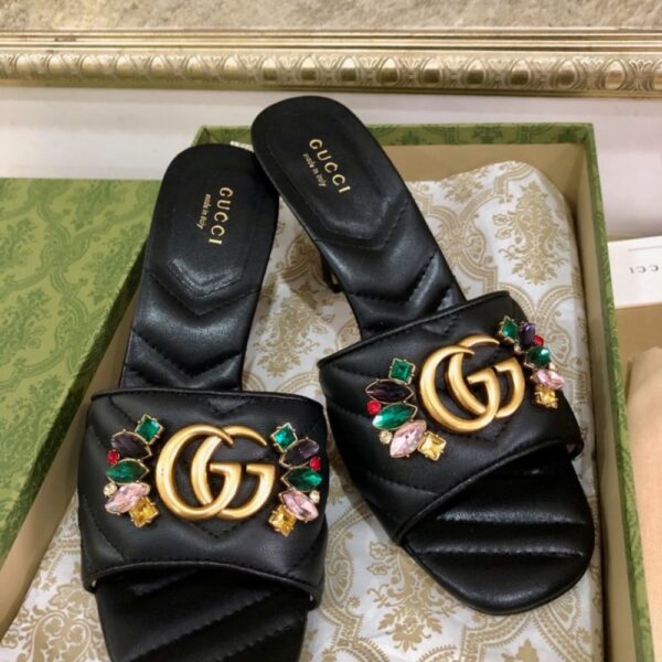 GUCCI WOMEN’S FLOWER DOUBLE G SLIDE SANDAL BLACK - Image 5