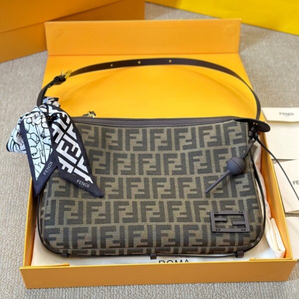 FENDI SIMPLY FENDI MEDIUM BROWN FF JACQUARD FABRIC BAG 25CM 8BR829AFPMF1GL7 - Image 6