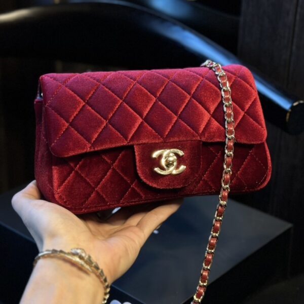 CHANEL VELVET PEARL CRUSH MINI FLAP BAG BURGUNDY 20CM - Image 2