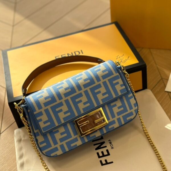FENDI BAGUETTE MINI FF JACQUARD FABRIC BAG BLUE 21CM - Image 2