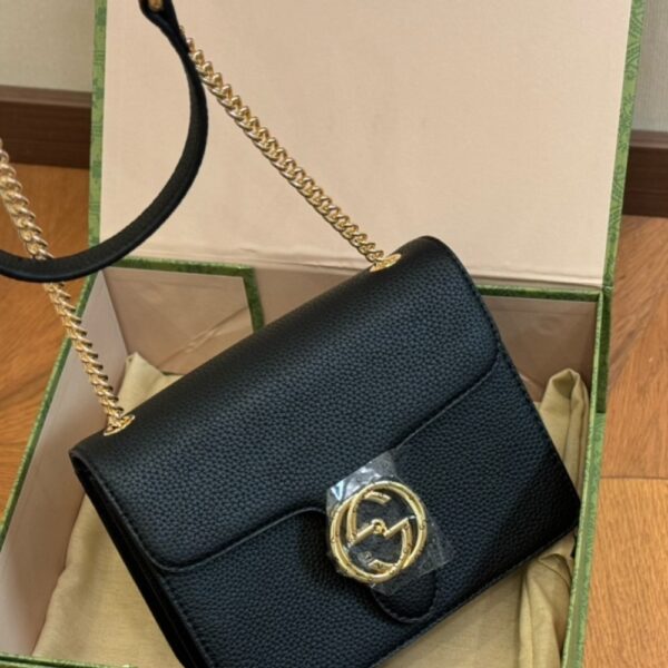 GUCCI INTERLOCKING LEATHER CHAIN CROSSBODY BAG BLACK 20CM - Image 4