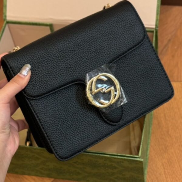 GUCCI INTERLOCKING LEATHER CHAIN CROSSBODY BAG BLACK 20CM - Image 6