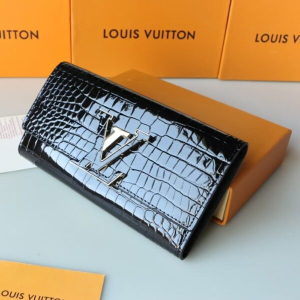 LOUIS VUITTON CAPUCINES CROCODILE LEATHER LONG WALLET BLACK 20CM - Image 4