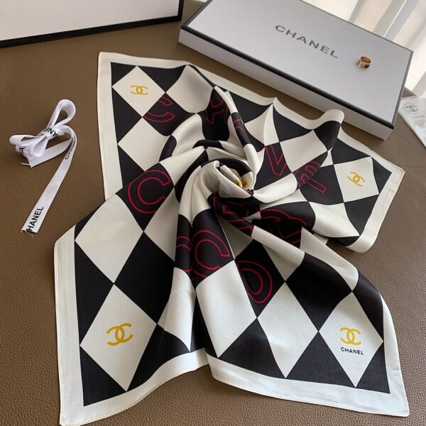CHANEL COCO CARO SILK SCARF IN WHITE AND BLACK 70CM - Image 2